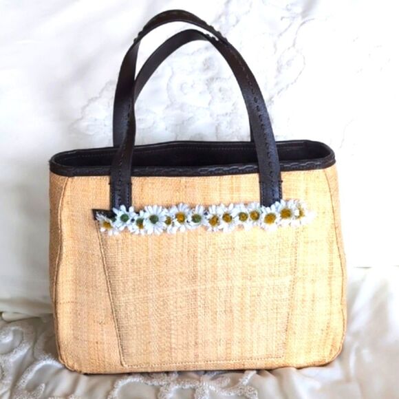 Cole Haan Spring 🌼Daisy Straw/Leather Mini Tote Bag - Picture 1 of 17